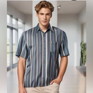 Kaid Silk Blue and gold  Striped Casual Button Down‎ Shirt